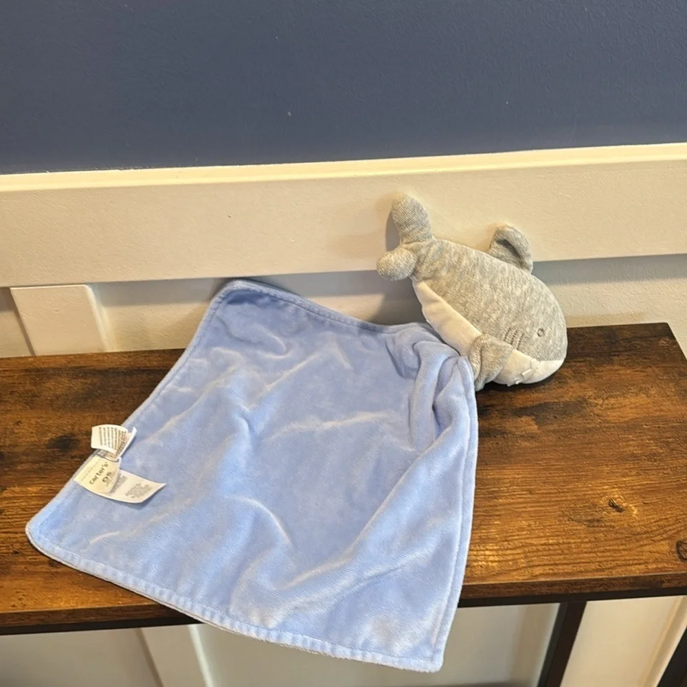 Carters Baby Lovey Gray White Shark Toy Blue Security Blanket Rattle Toy Fish
